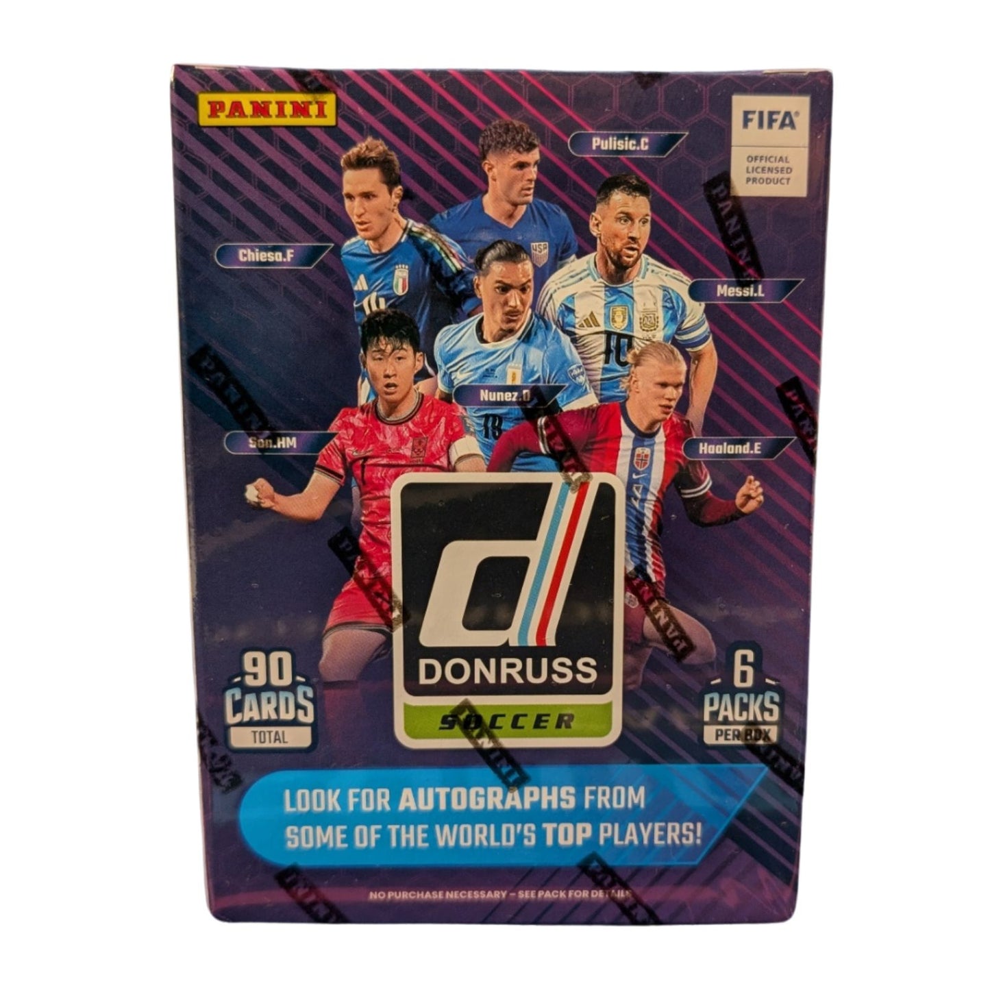 A sealed wax pack of 2024-25 Panini Donruss Soccer Blaster Box with images of soccer players on the front.