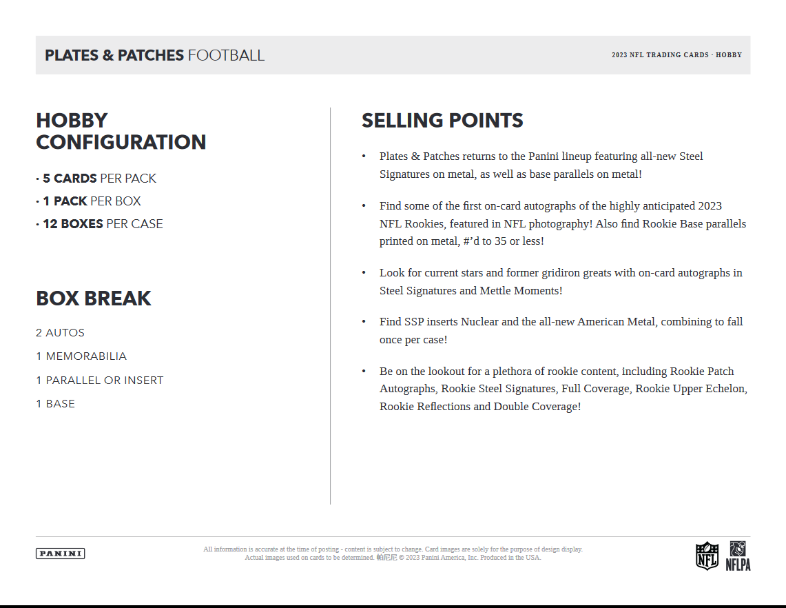 2023 Panini Plates & Patches Football Checklist, Set Info, Boxes