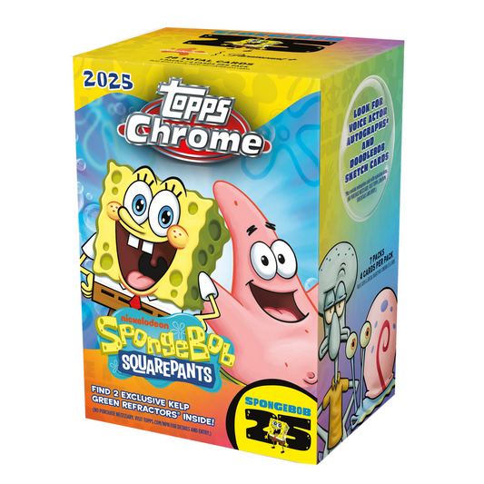 Topps Chrome SpongeBob SquarePants trading card box on a white background