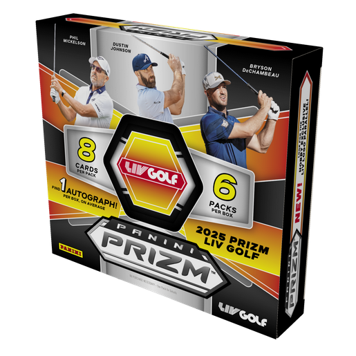Panini Prizm 2025 LIV Golf trading card pack with images of golfers on the box.