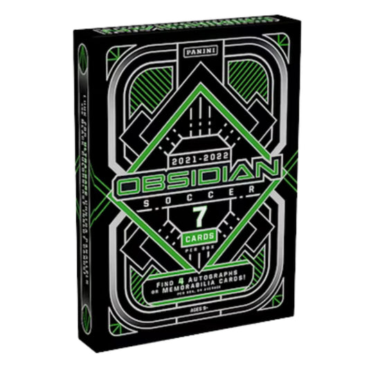 Panini Obsidian Soccer 2021-2022 7 Cards trading card box, featuring a black background with neon green and white geometric designs.